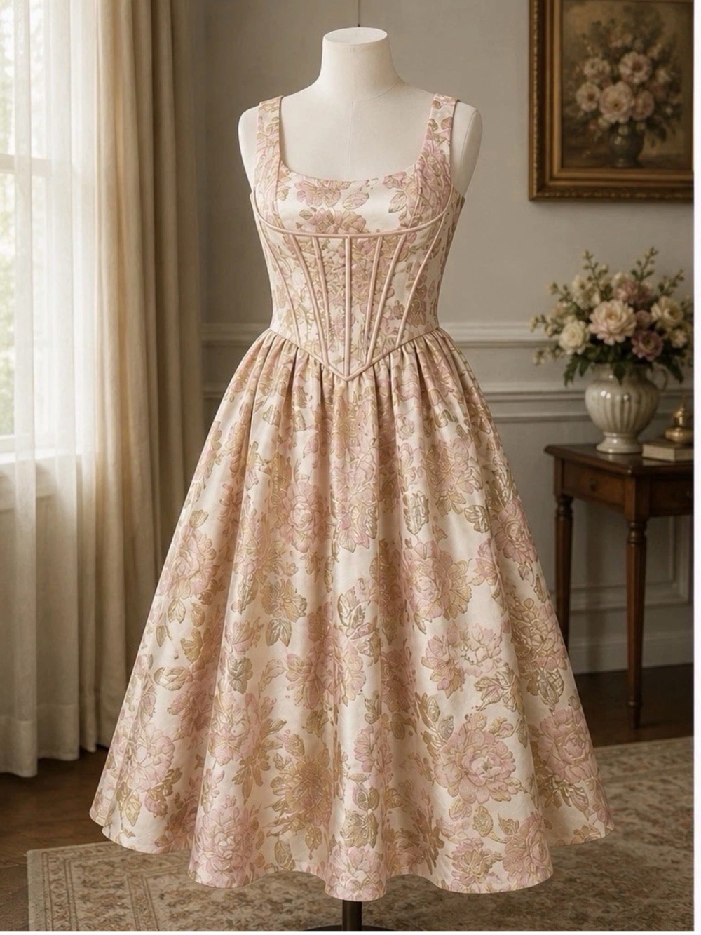 Pink Floral Brocade Midi Dress with Corset Bodice